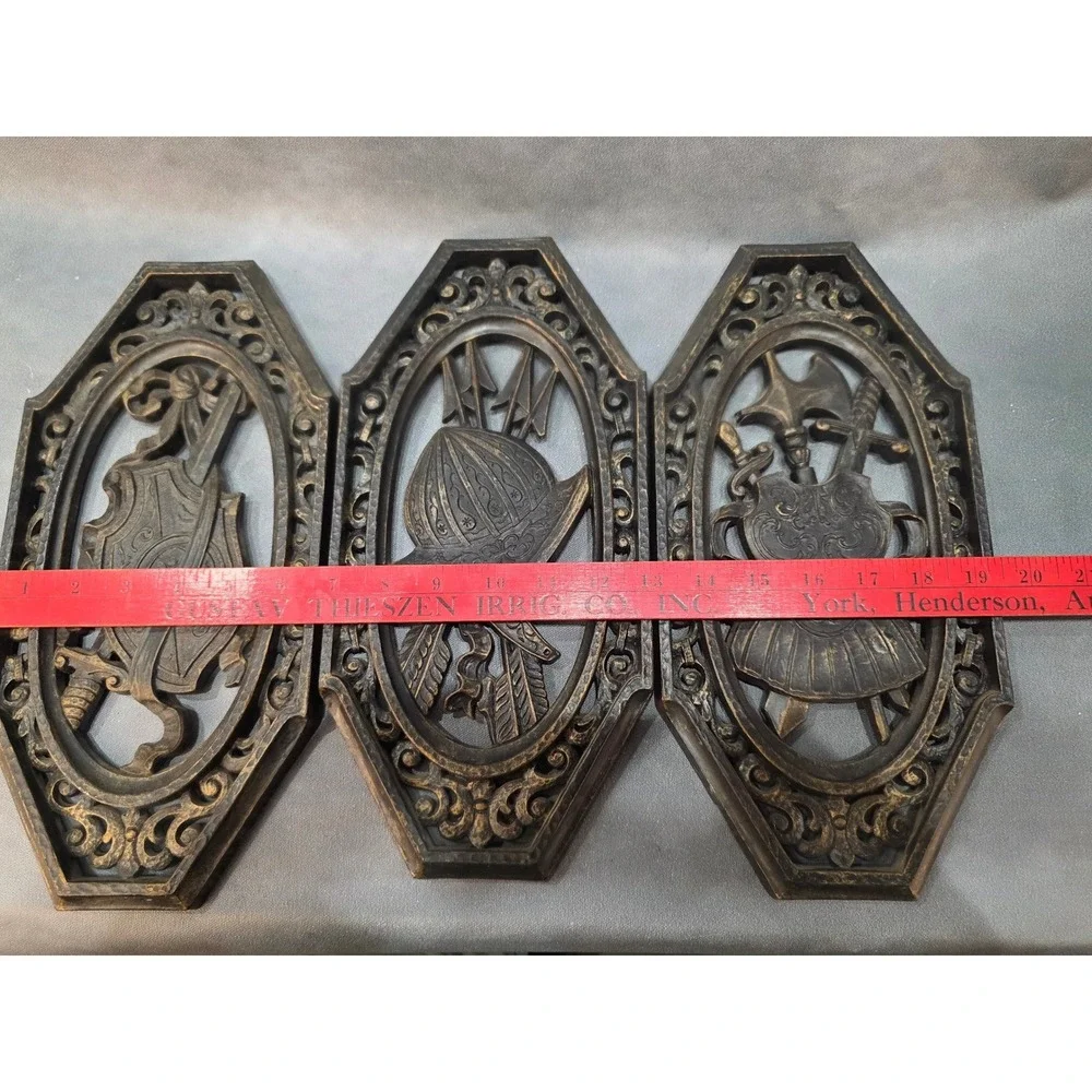 Vintage Medieval Knight Wall Art Set 3 Resin Plaques Armor Shield Helmet Bronze